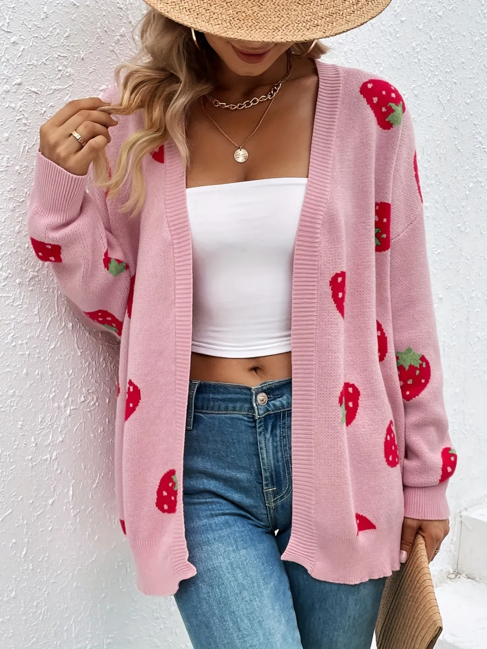 Elegant Long Sleeve Strawberry Pattern Open Front