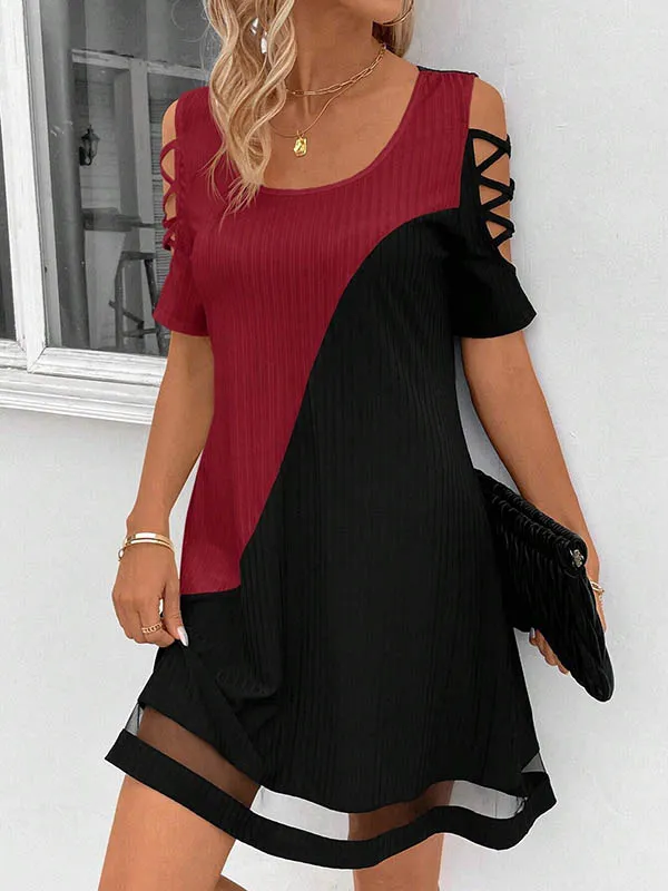 A Line Relaxed Contrast Color Hollow Mesh Split Joint Cold Shoulder