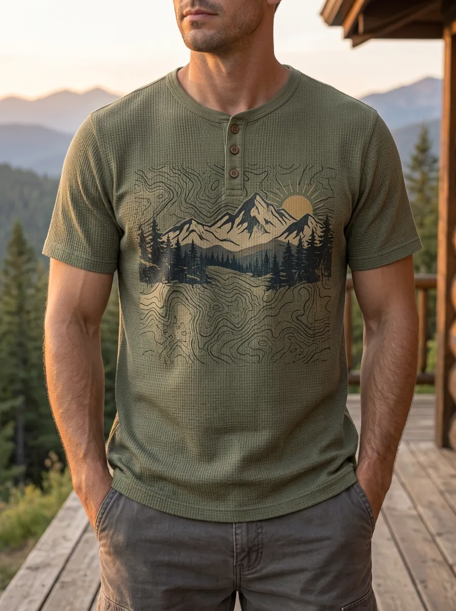 Men's Outdoor Hiking Lover Mountain Forest Topographic Printed Henley T-Shirt