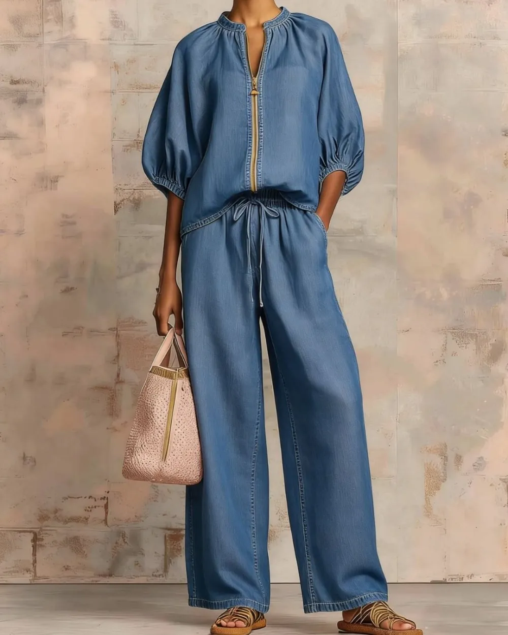Knitted Fabric Blouse and Long Pants Two-Piece Outfit with Flounce Sleeves