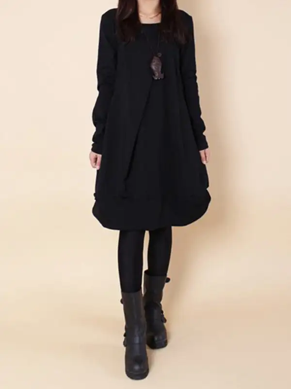 A Line Long Sleeve Pleated Solid Color Round Neck Dress Maxi