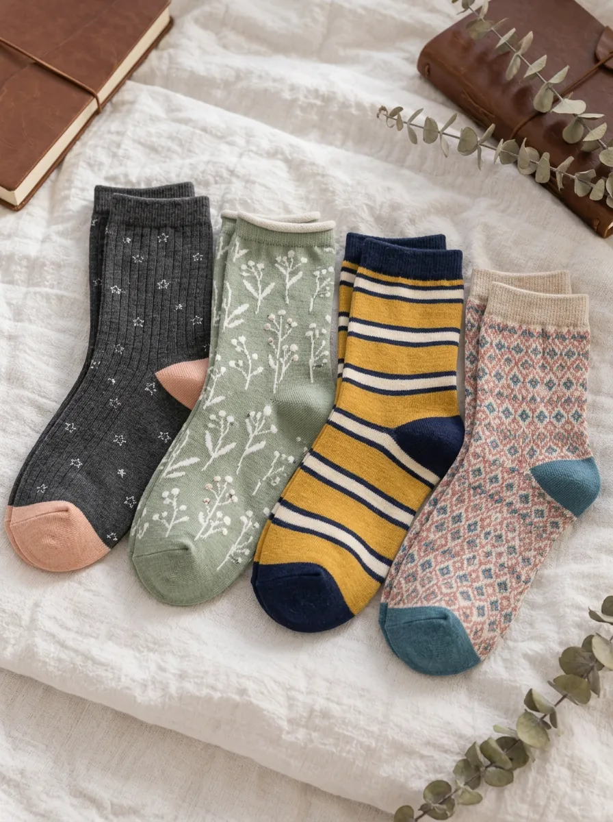 Women's Vintage Floral Star Striped Geometric Printed Socks 4-Pack