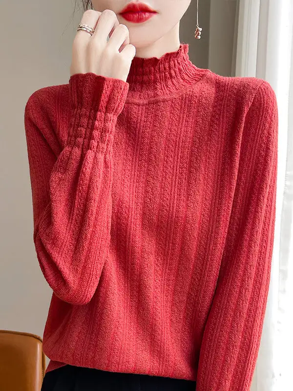 Long Sleeve Relaxed Elasticity Ruffle Trim Mock Neck T-Shirt