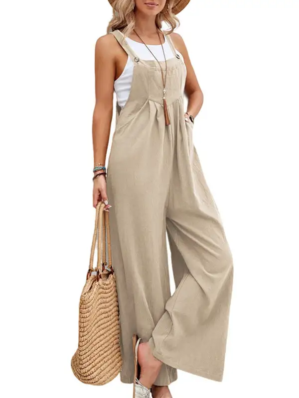 Loose Pleated Split-Joint Spaghetti-Neck Overalls