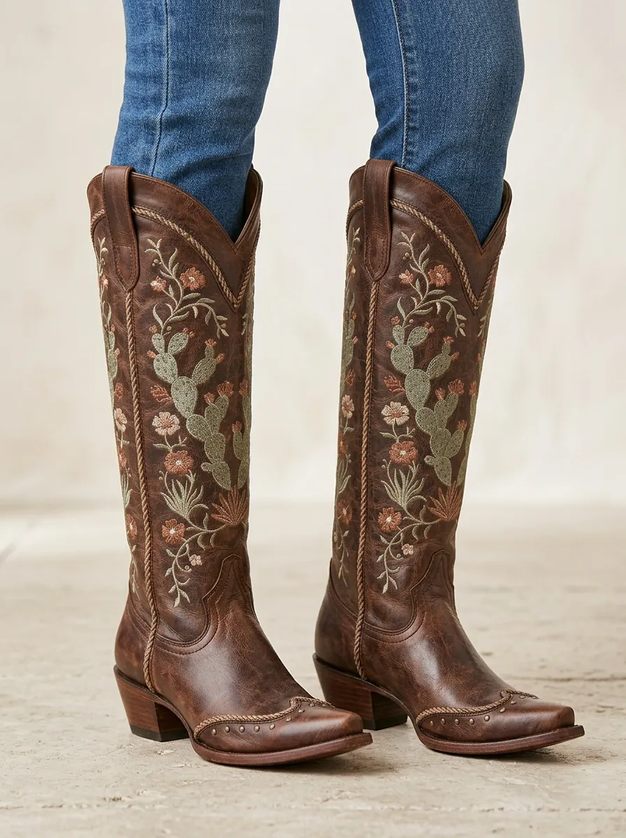Women's Western Cactus Floral Embroidered Braided Piped Studded Denim Over-the-Knee Boots