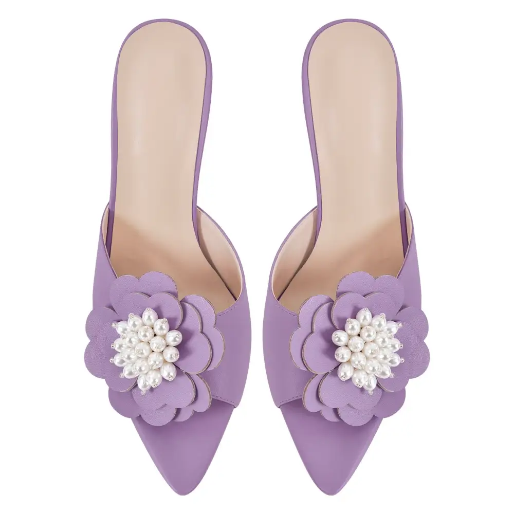 Pearl Flower Pointed Toe Stiletto Mule Sandals
