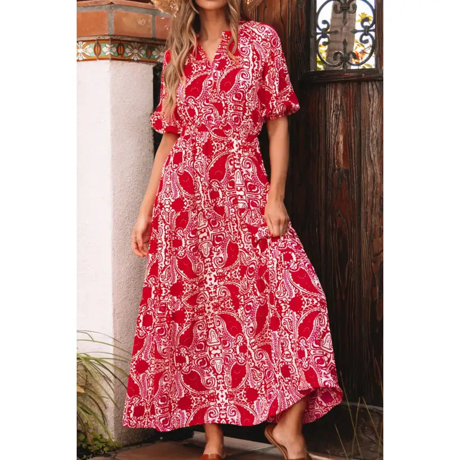 Relaxed Paisley Print Side Slit Puff Sleeve High Waist Maxi Dress