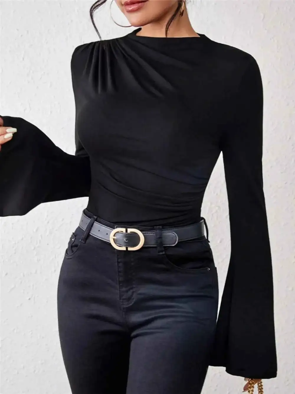 Bell Sleeve Ruched Fitted T-Shirt with Mock Neck