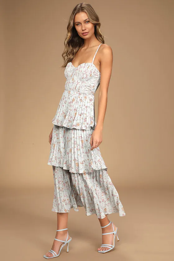 Cascading Crush Light Blue Tiered Bustier Midi Dress