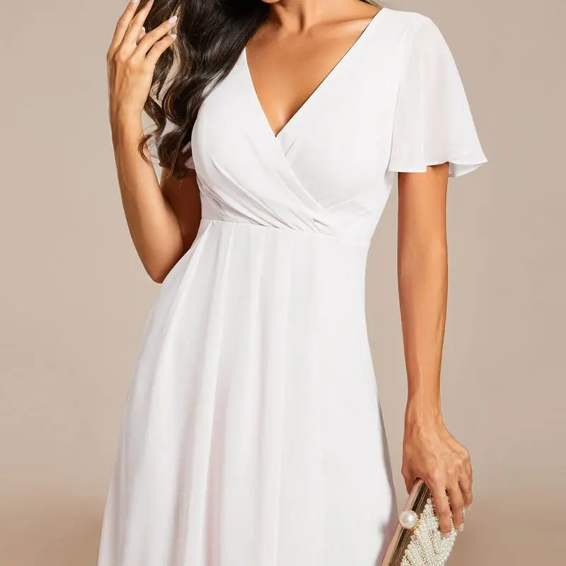 6PACK-Ruffles Sleeve Pleated V-Neck A-Line Midi Chiffon Wedding Guest Dress