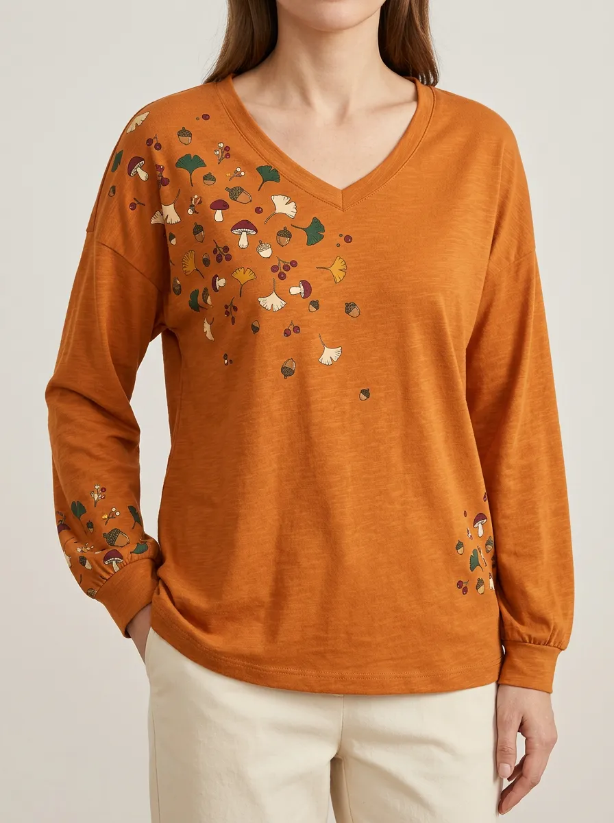 Forest Mushrooms and Ginkgo with Acorn Details Long Sleeve Top