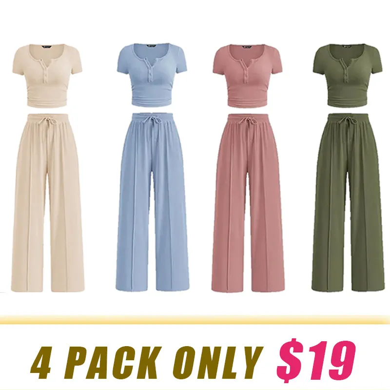 Women's two-piece summer ribbed knit button short-sleeve crop top and wide-leg pants
