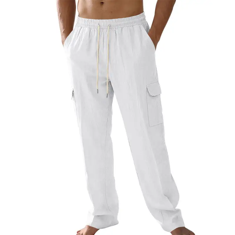 Men's Loose Linen Cargo Pants Waistband Pockets