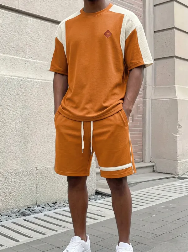 Classic Waffle Texture Colorblock Detail Profile Men's T-Shirt And Shorts Set