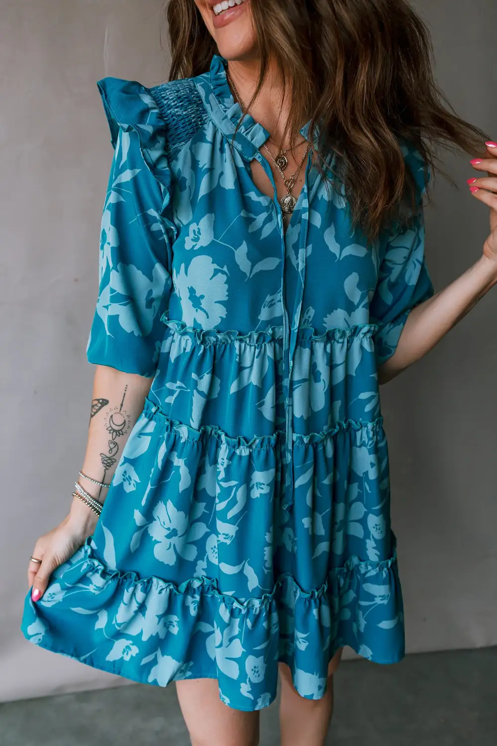 Textured Detail Floral Ruffle Tiered Mini Dress