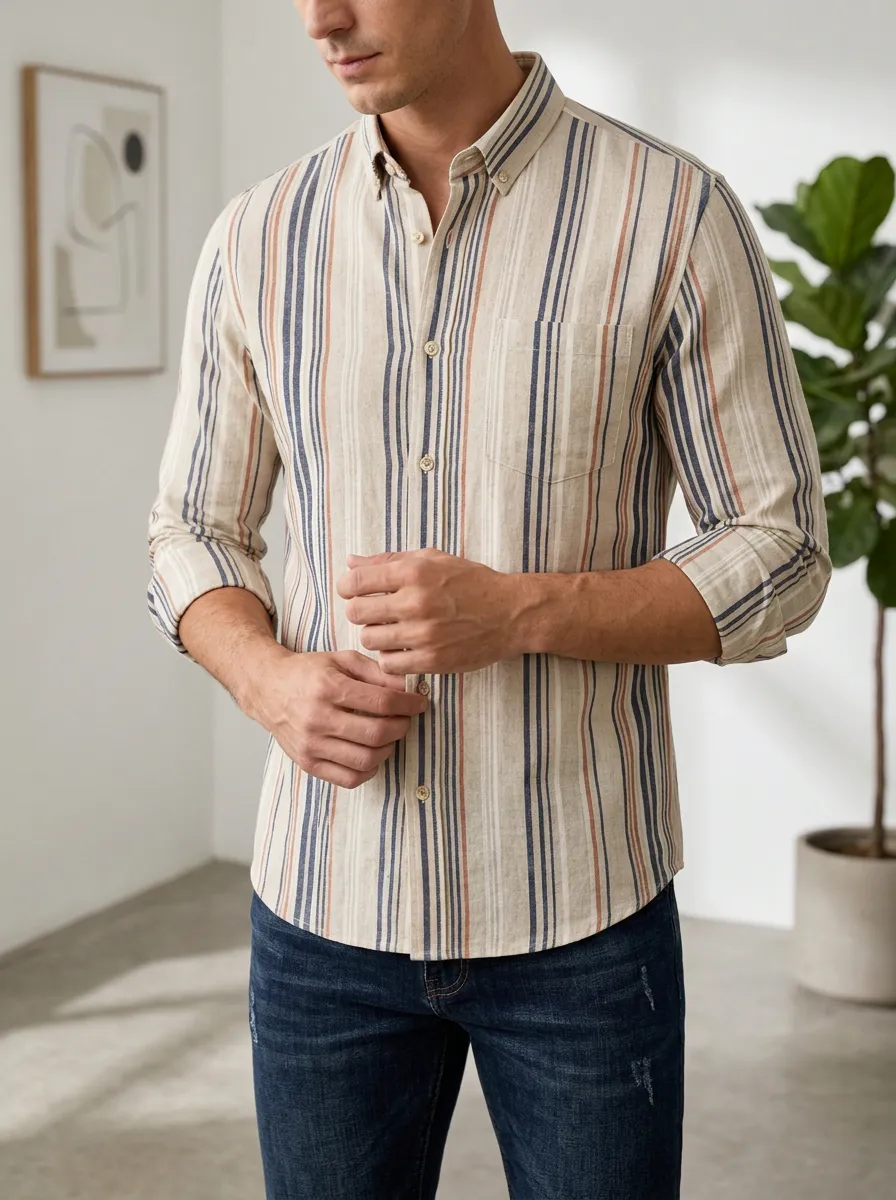 Men's Classic Vertical Stripe Chest Pocket Long Sleeve Slim Fit Shirt