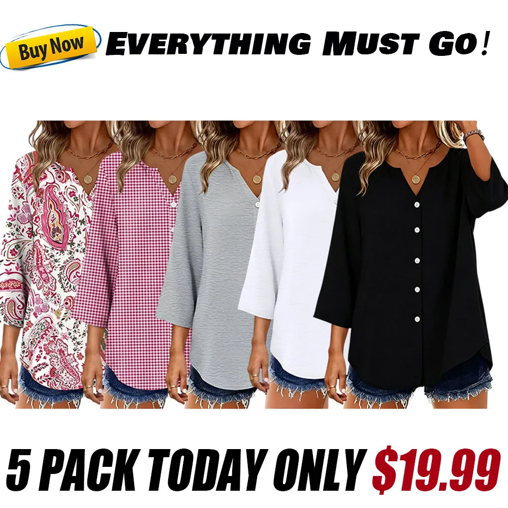 🔥 Women's 3/4 Sleeve V-Neck Button Down Blouse | Loose Fit Casual Tops