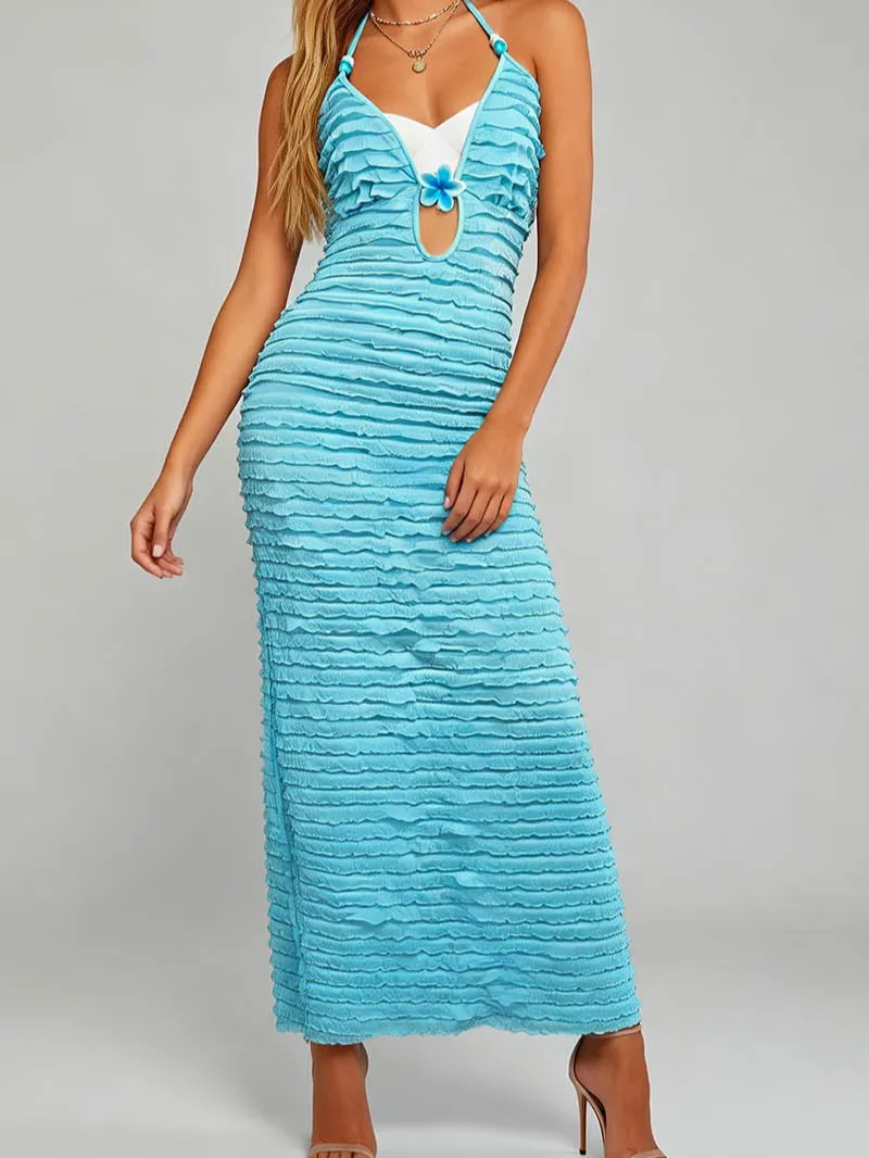 Halter Deep V Cutout Side Split Ruffle Maxi Dress