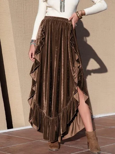 Ruffle Trim Wide Leg Slit Pants Skirt