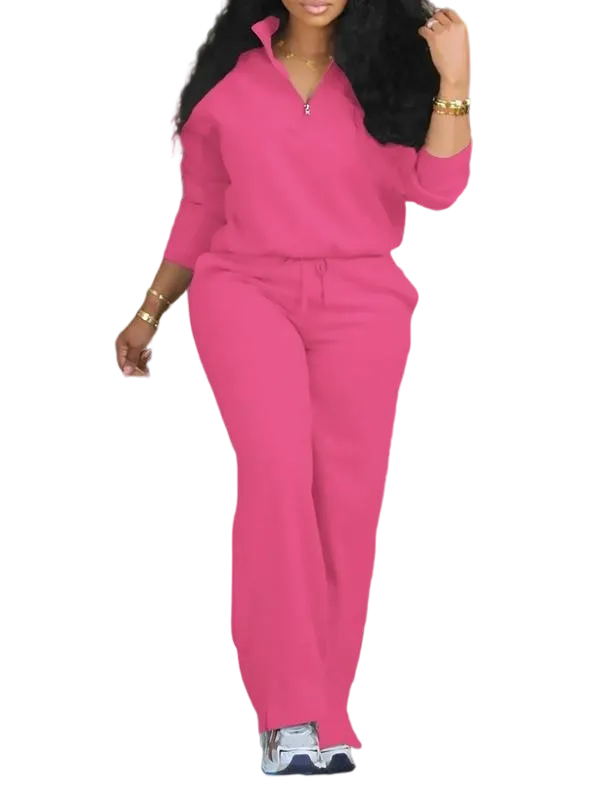 Women's Solid Half Placket Split Hem Pants Set