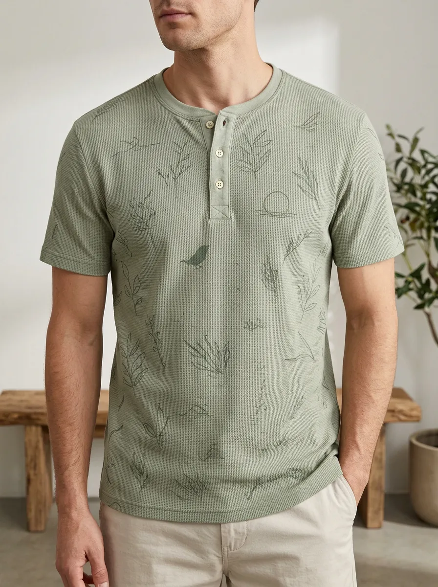 Men's Modern Nature Lover Botanical Bird Waffle Henley T-Shirt