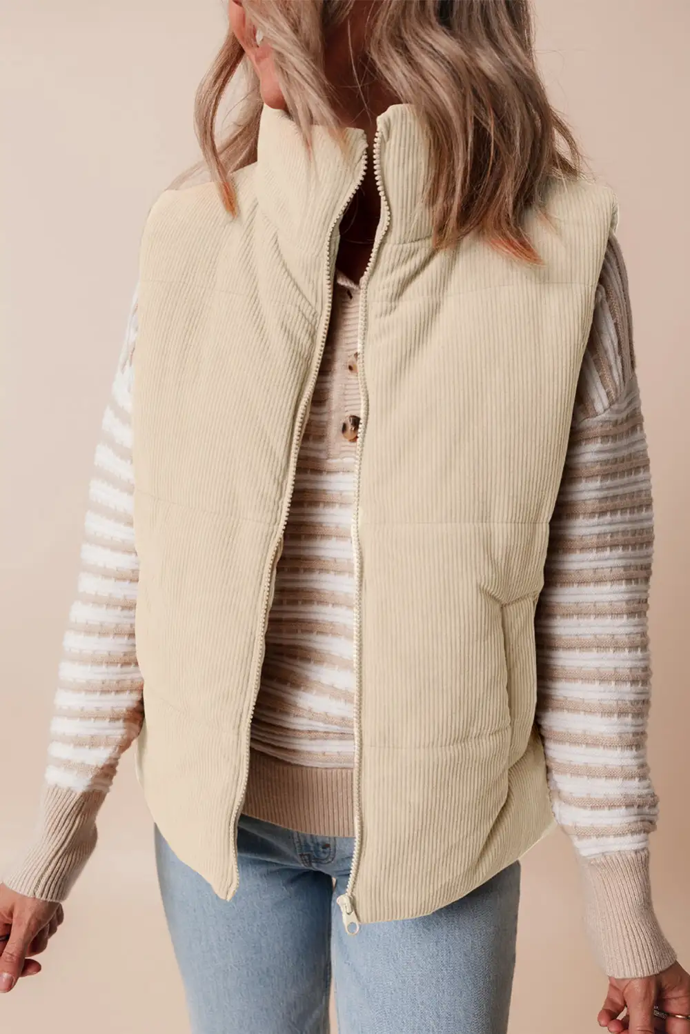 Corduroy Stand Collar Zip Puffer Vest