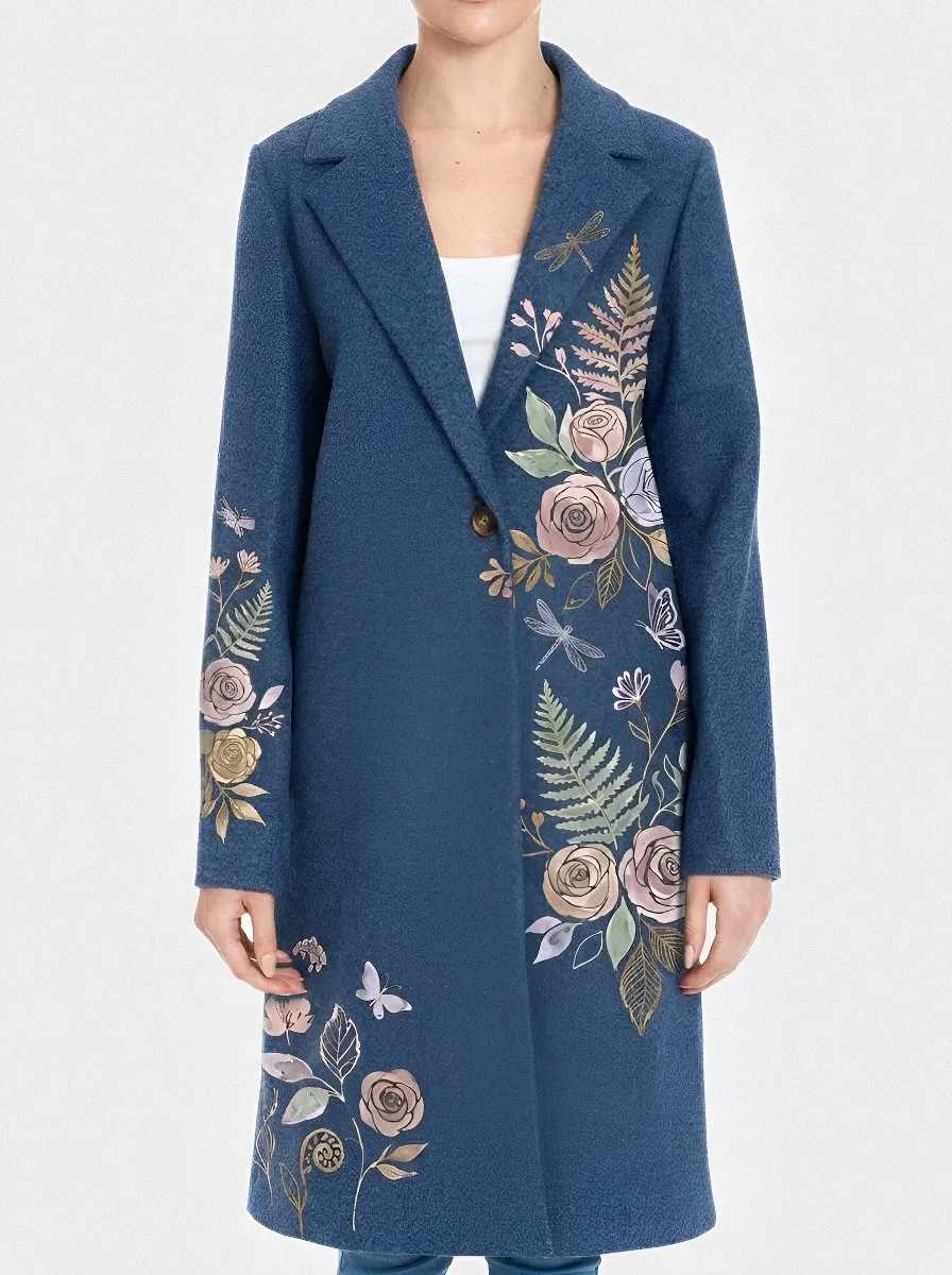Women's Botanical Floral Dragonfly Printed Wool Coat