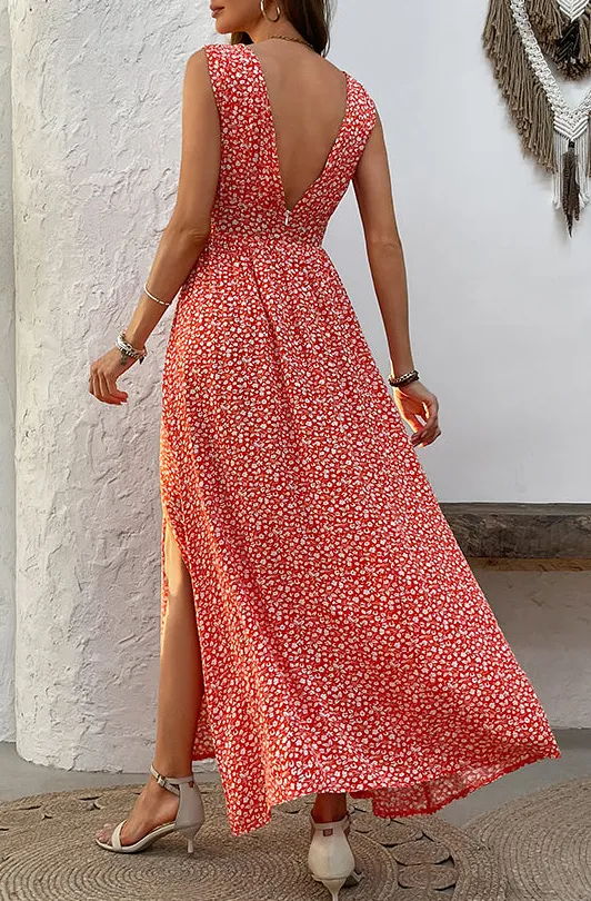 V Neck Floral Print Maxi Dress