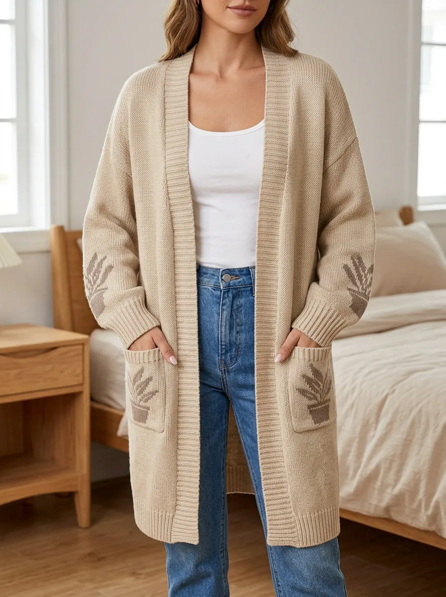 Women's Plant Potted Plant Pattern Print Knit Long Cardigan