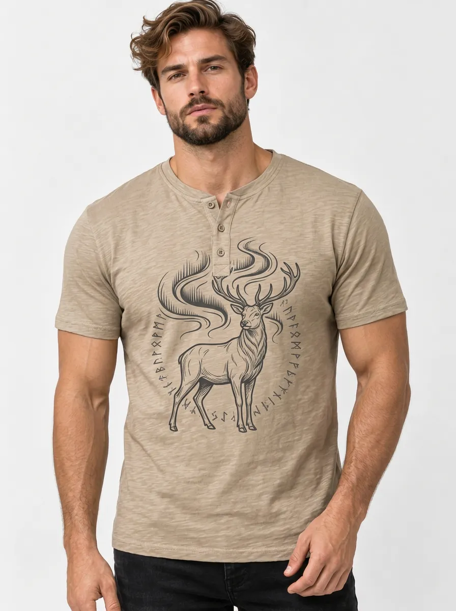 Men's Stag Crew-Neck Short-Sleeve Chest-Sleeve Runic-Motif T-Shirt