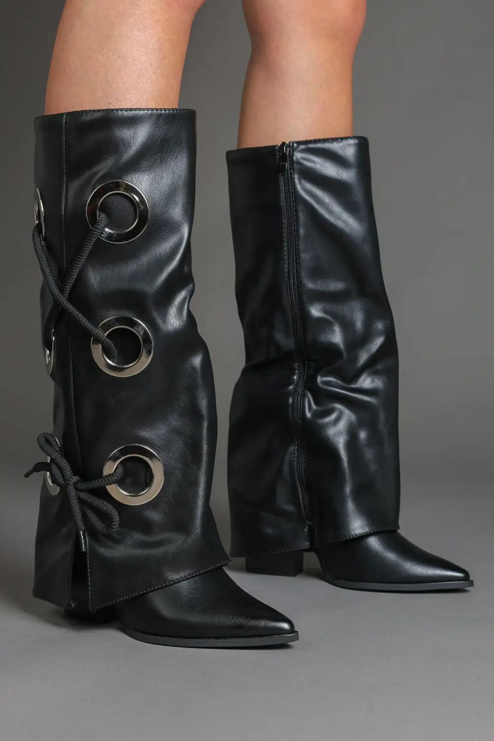 Modern Fold-Over Lace Detail Pointed Toe Faux Leather Knee High Boots