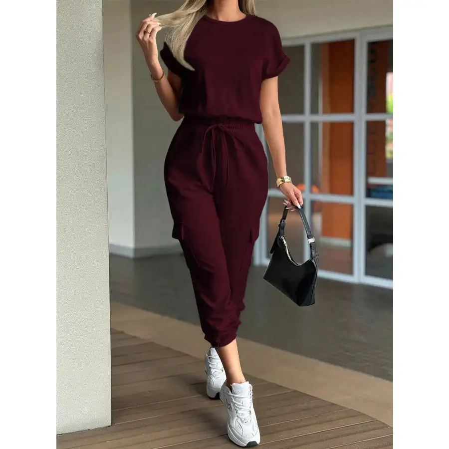 Round Neck Short Sleeve Top and Pants Set
