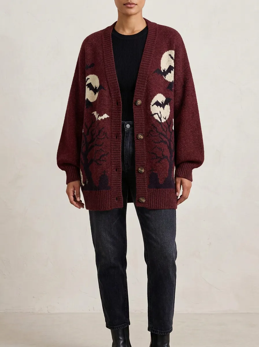 Women's Halloween Spooky Bat Moon Tree Pattern Patterned Cardigan