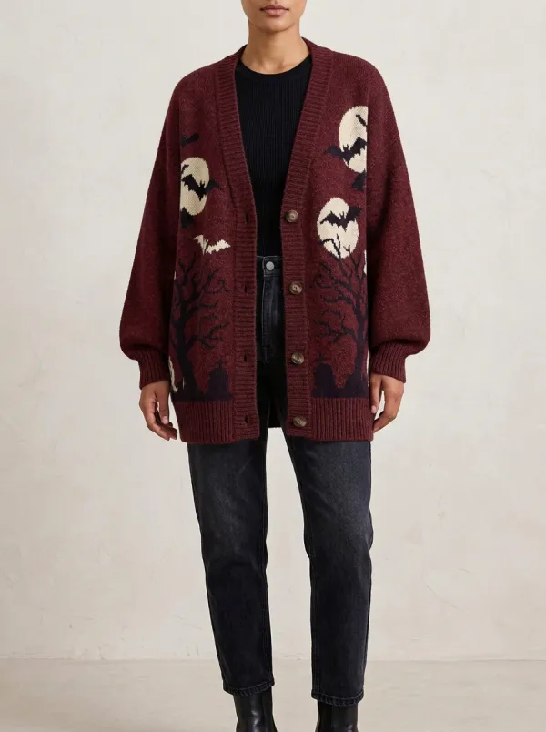 Women's Halloween Spooky Bat Moon Tree Pattern Patterned Cardigan