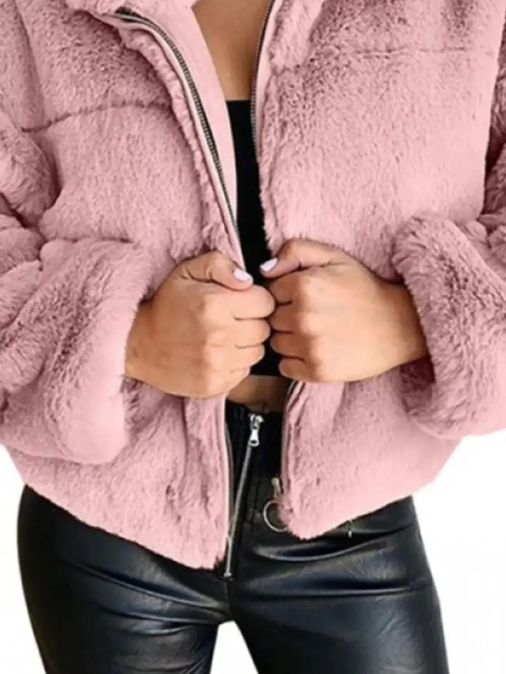 Full Size Faux Fur Cropped Zip-up Jacket Plus Size