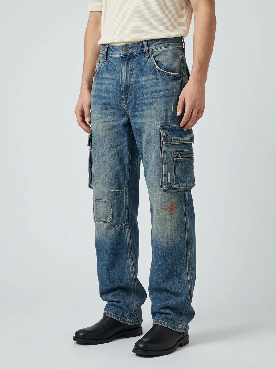 Men's Mid-Blue Utility Compass Detail Straight-Leg Cargo Jeans