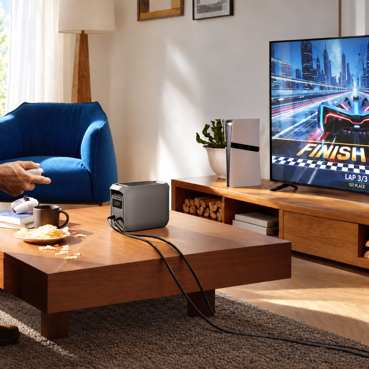 Portable power station supplying compatible household entertainment devices