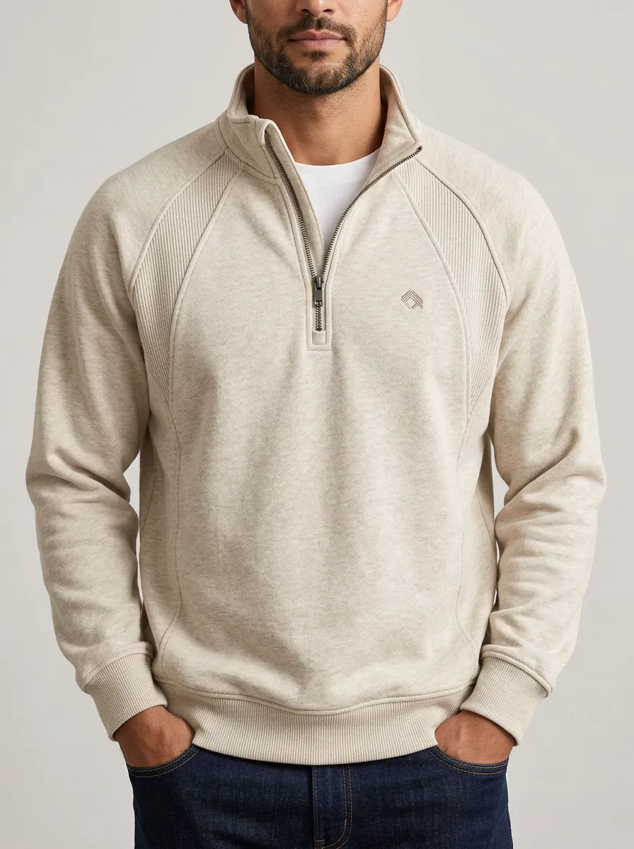 Men's Classic Minimalist Raglan Embroidered Emblem Stand-Collar Quarter-Zip Sweatshirt