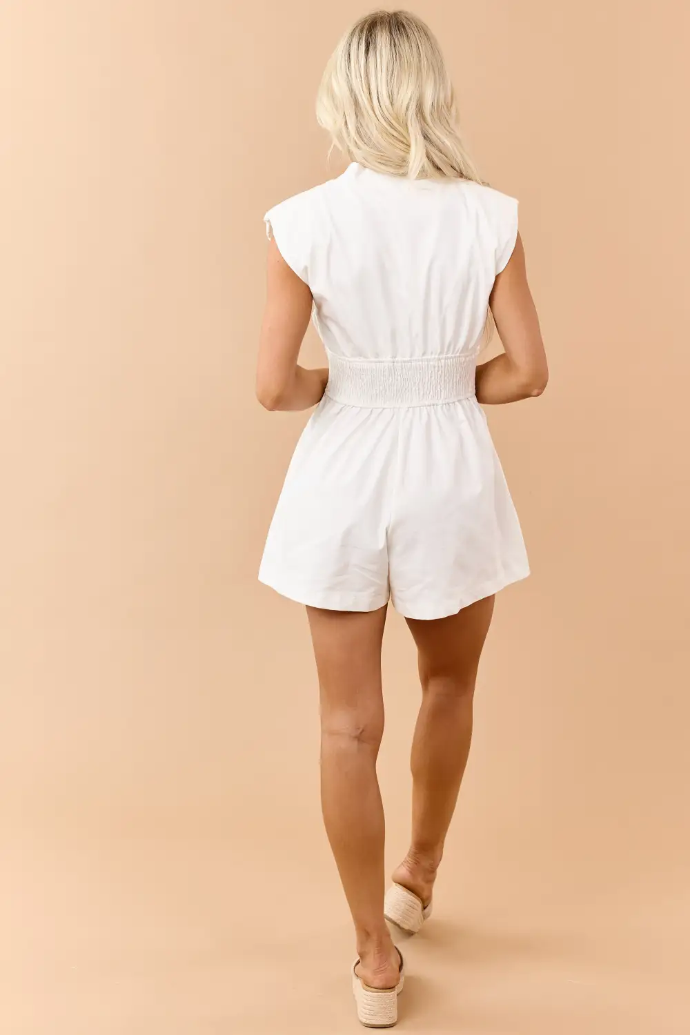 V Neck Zip Up Smocked Waist