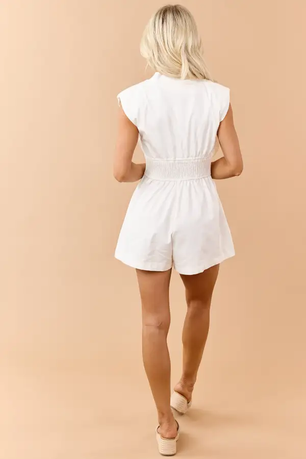 V Neck Zip Up Smocked Waist