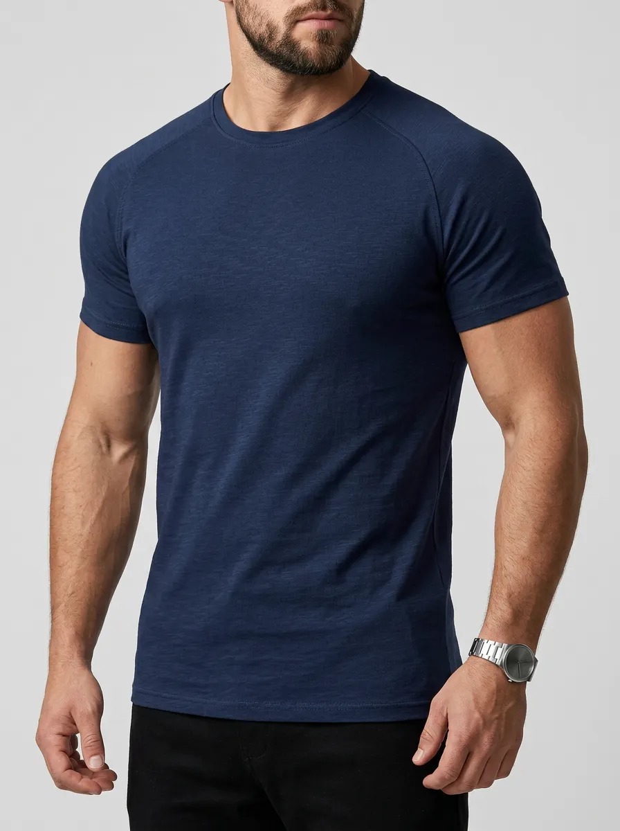 Modern Ribbed Textured Raglan Sleeve Textured Look Men's Slim Fit Short Sleeve T-Shirt