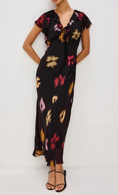 Black Blurred Floral Print Ruffle Dress