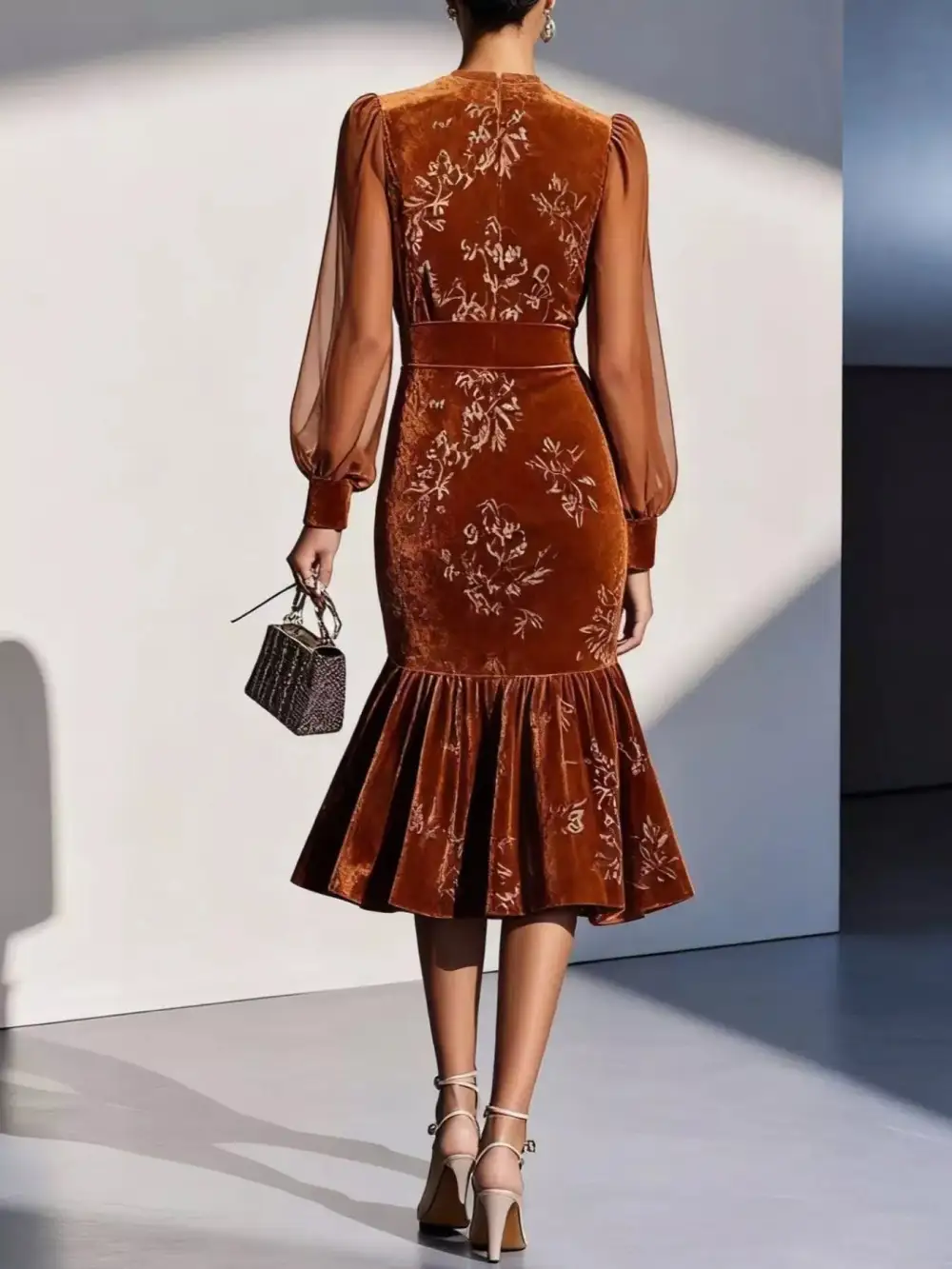 Floral Velvet Lantern Sleeve Midi Dress