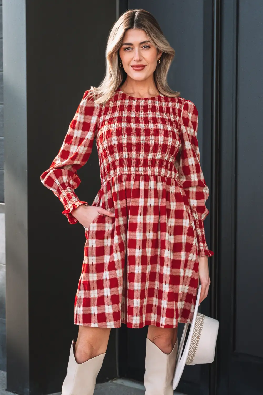 Lightweight Feel Plaid Printed Smocked Mini Dress