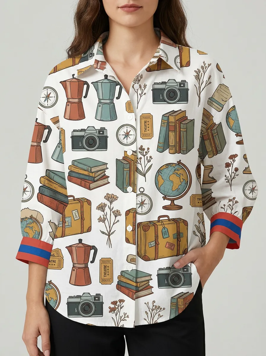 Women's Travel Hobbyist Camera Books Globe Printed Shirt