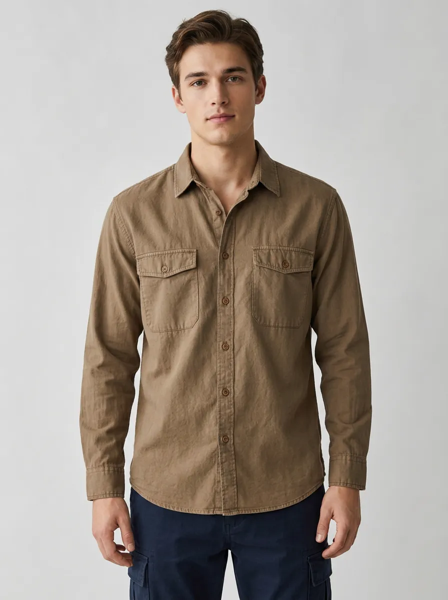 Men's Casual Brown Breathable Cotton Long Sleeve Button-Down Shirt