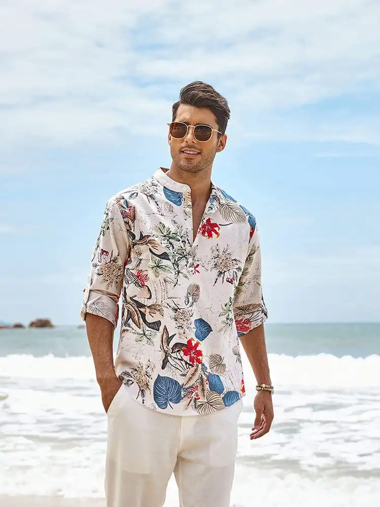 Cotton Linen Floral Henley Shirt Pants