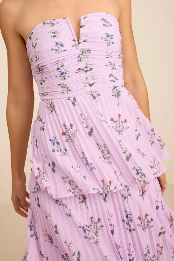 Hadelyn Lavender Floral Pleated Tiered Midi Dress