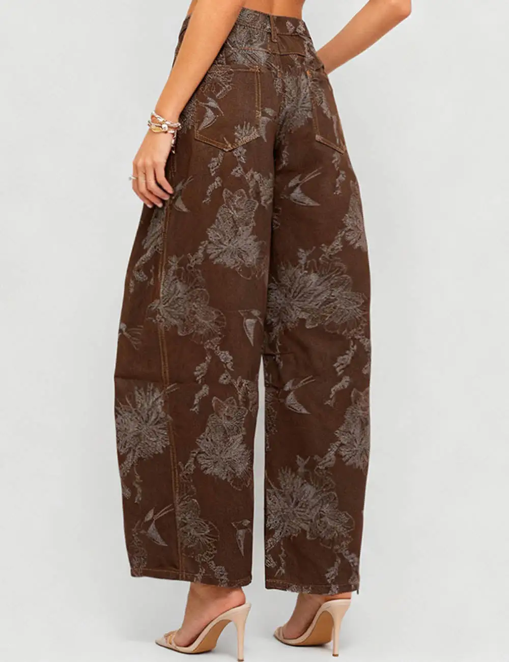 Color Block Floral Print Pocket Barrel Leg Denim Pants