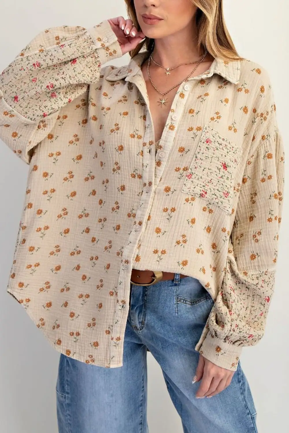 Floral Gauze Button Front Collared Button Down Shirt